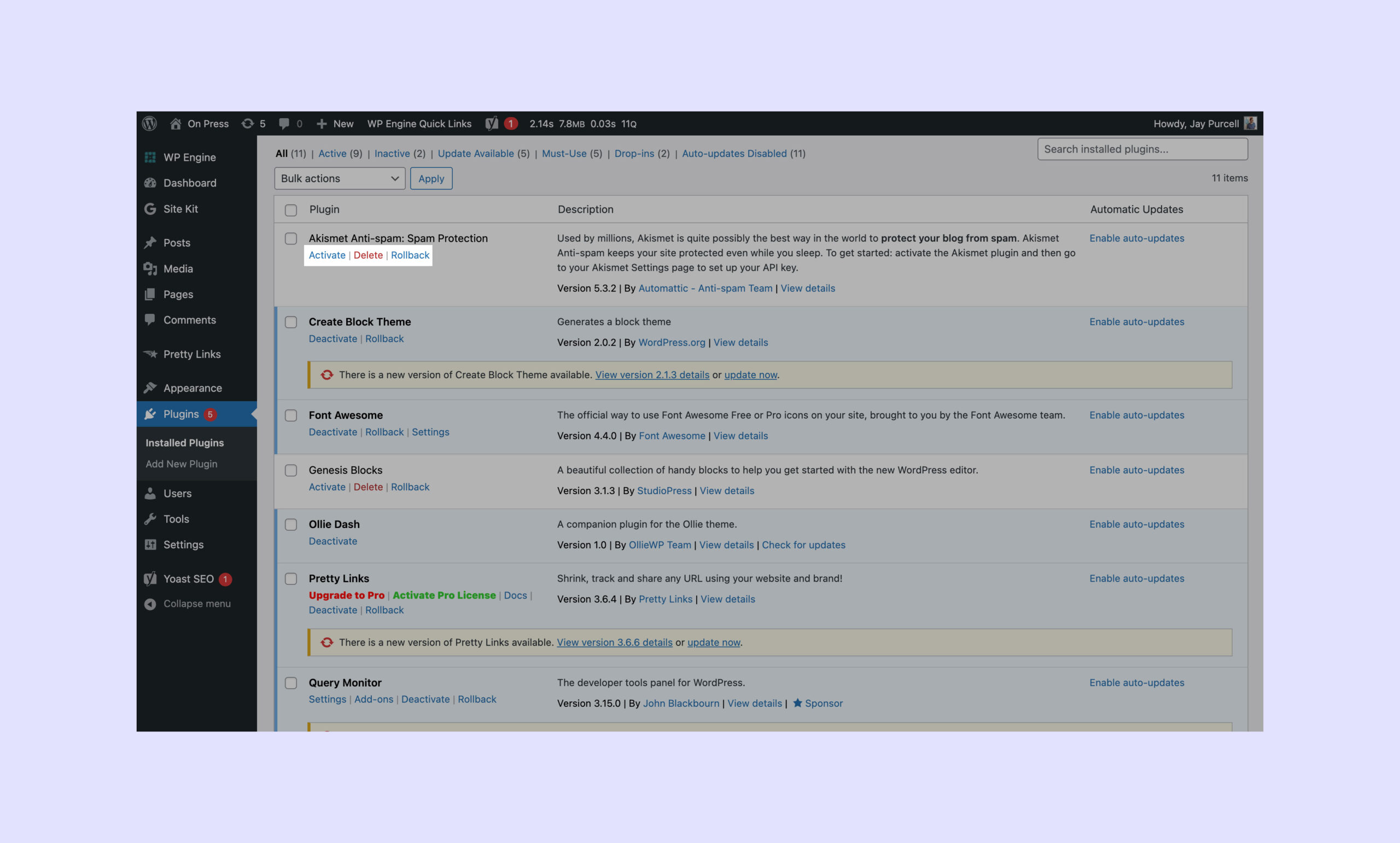 A screenshot of the WordPress admin dashboard showing the plugin rollback feature.
