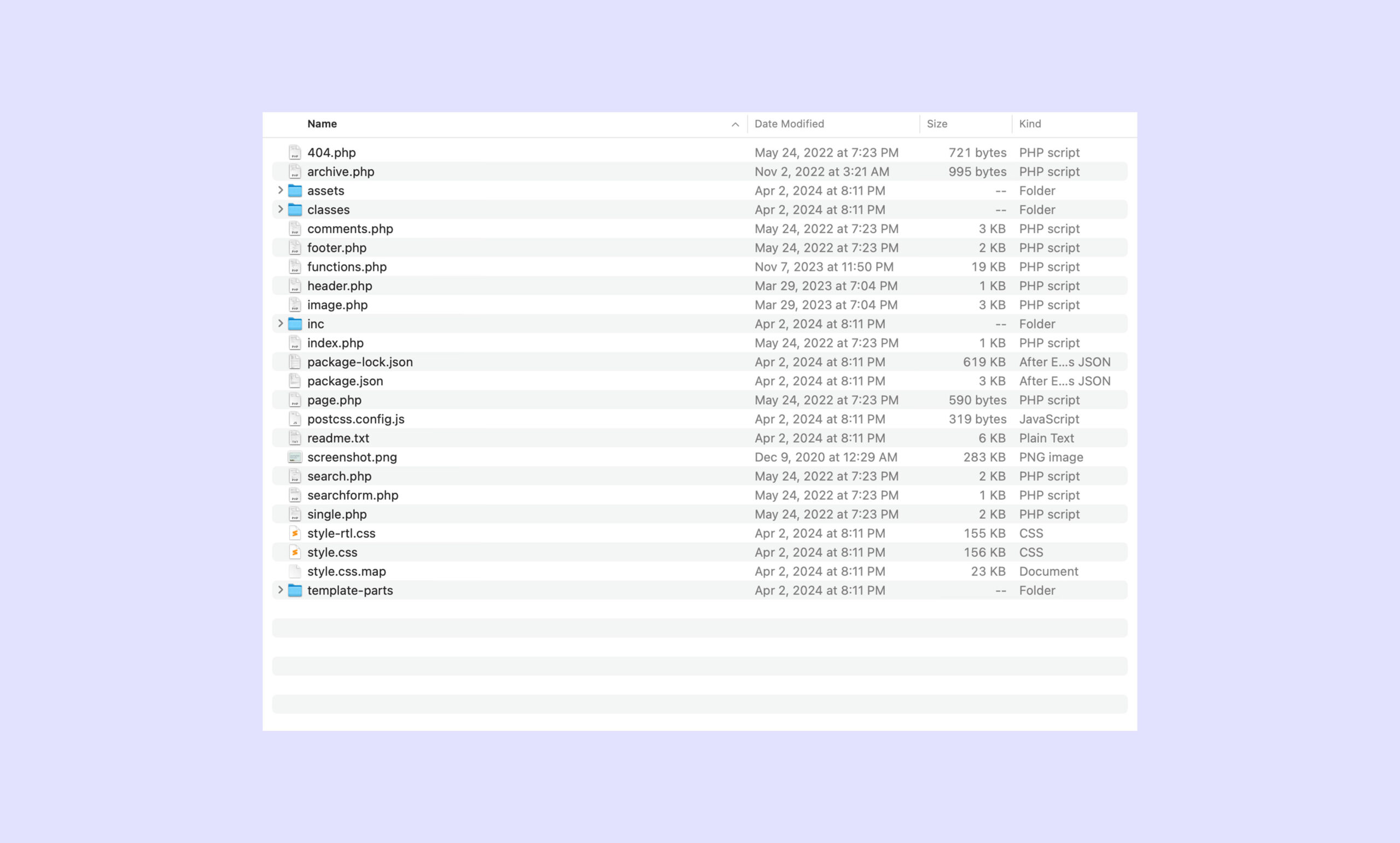 A screenshot showing the folder and file structure of the Twenty Twenty-One WordPress theme.