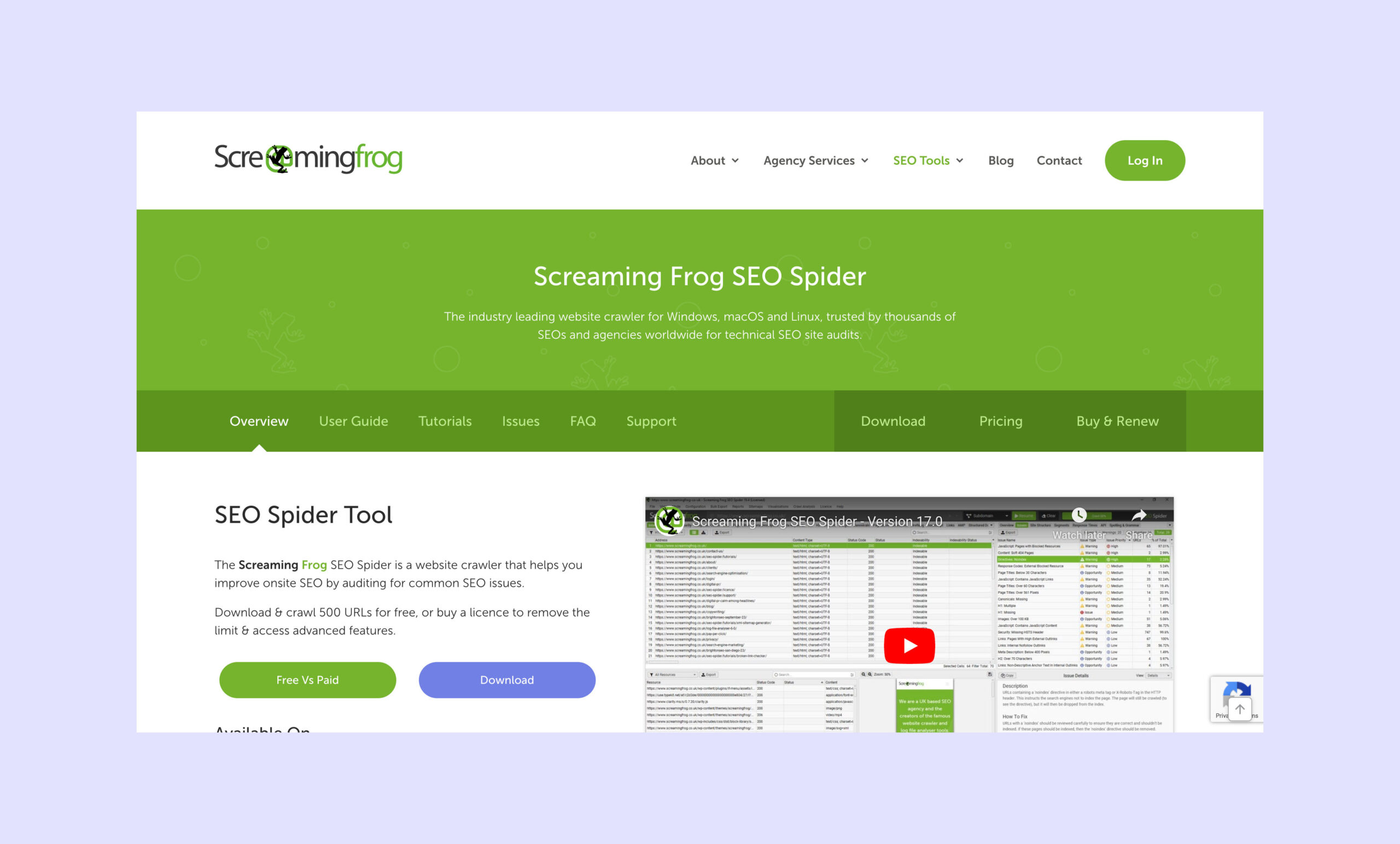 A screenshot showing the homepage of the SEO Spider Tool from Screaming Frog.