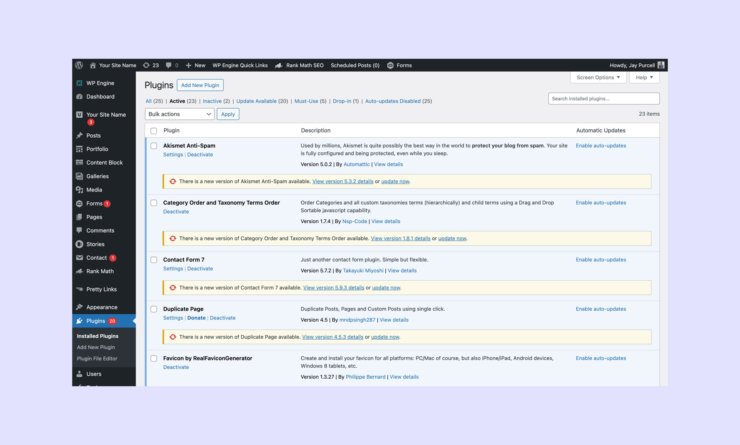 An example of the active plugins list in WordPress and the updates available notifications.